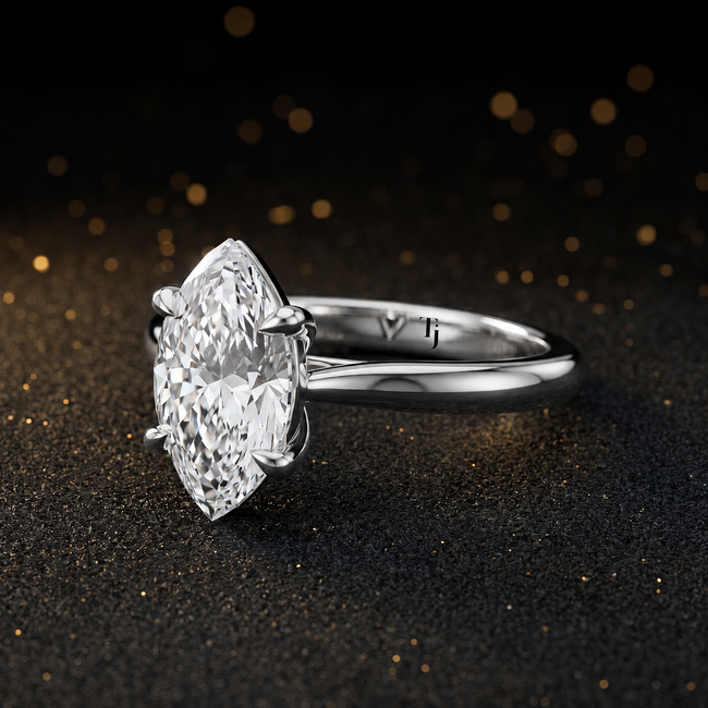 Anillo de diamantes solitario de talla marquesa de 4 garras - Oro blanco