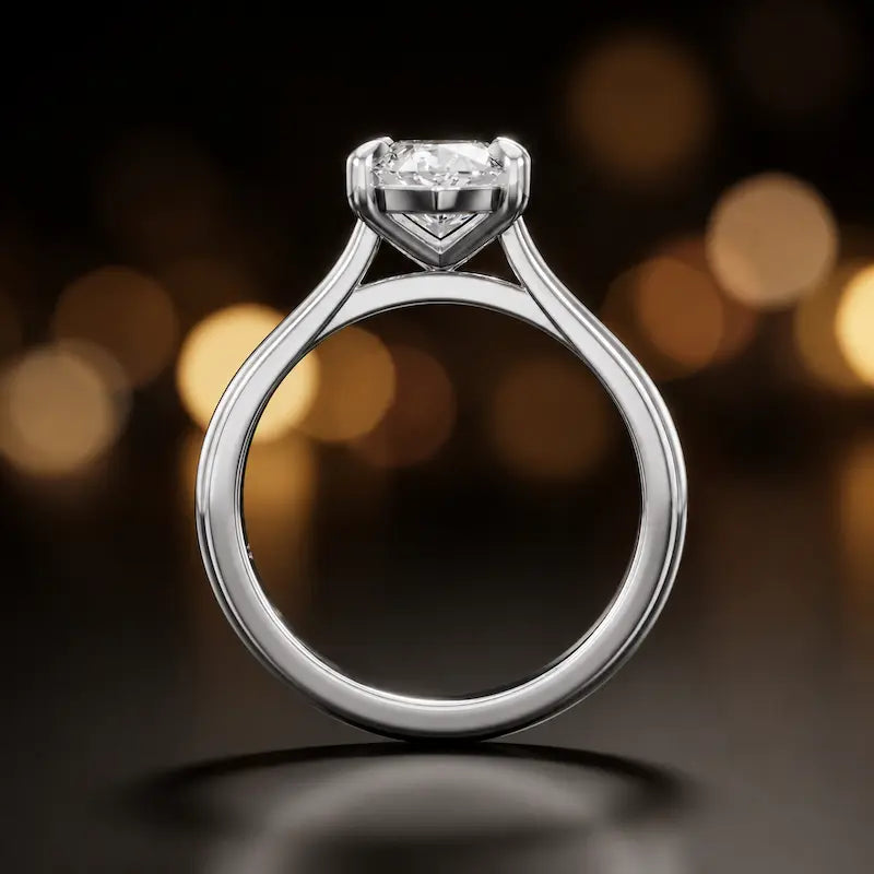 Front-on view of a 1.5 carat marquise cut diamond solitaire engagement ring showing the full 18kt white gold band and 4 claw cathedral setting by TJ Diamond