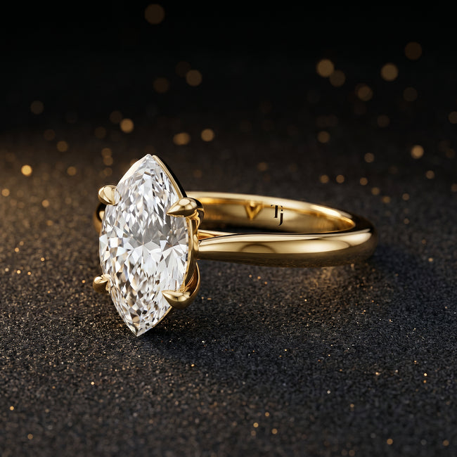 Anillo de diamantes solitario de talla marquesa de 4 garras - Oro amarillo