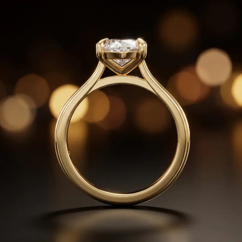 Front-on view of a 1.5 carat marquise cut diamond solitaire engagement ring showing the full 18kt yellow gold band and 4 claw cathedral setting by TJ Diamond