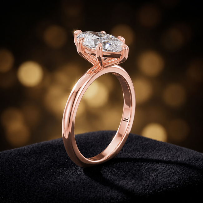 Anillo de diamantes solitario de talla marquesa de 6 garras - Oro rosa