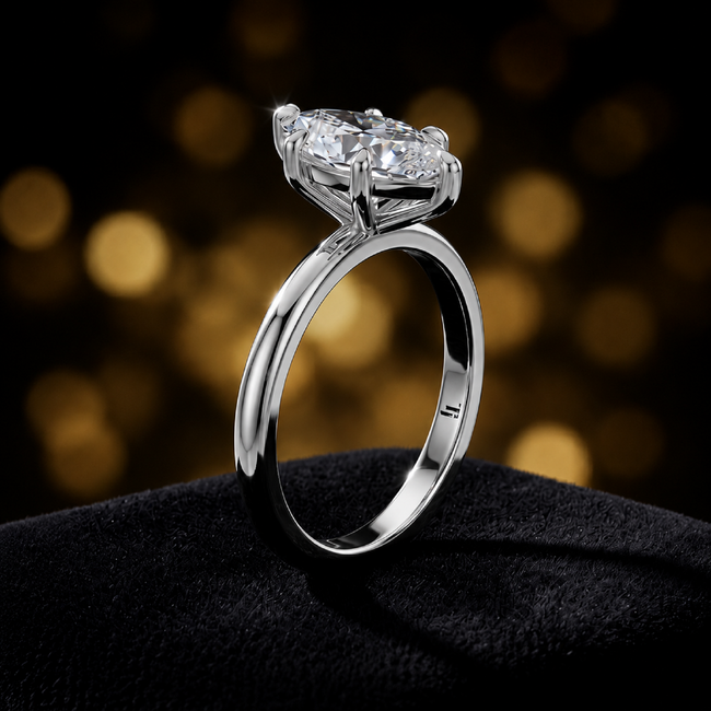 Anillo de diamantes solitario de talla marquesa de 6 garras - Oro blanco