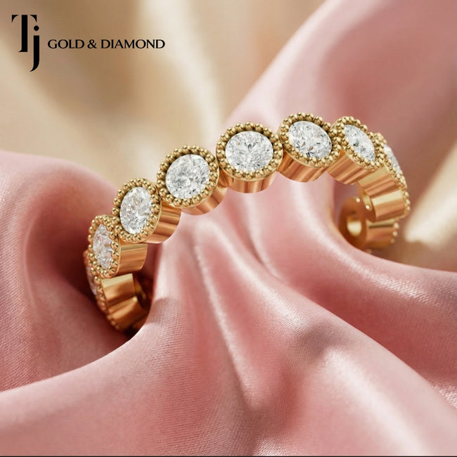 Milgrain Bezel Setting Full Eternity Diamond Wedding Band - 18K Yellow Gold