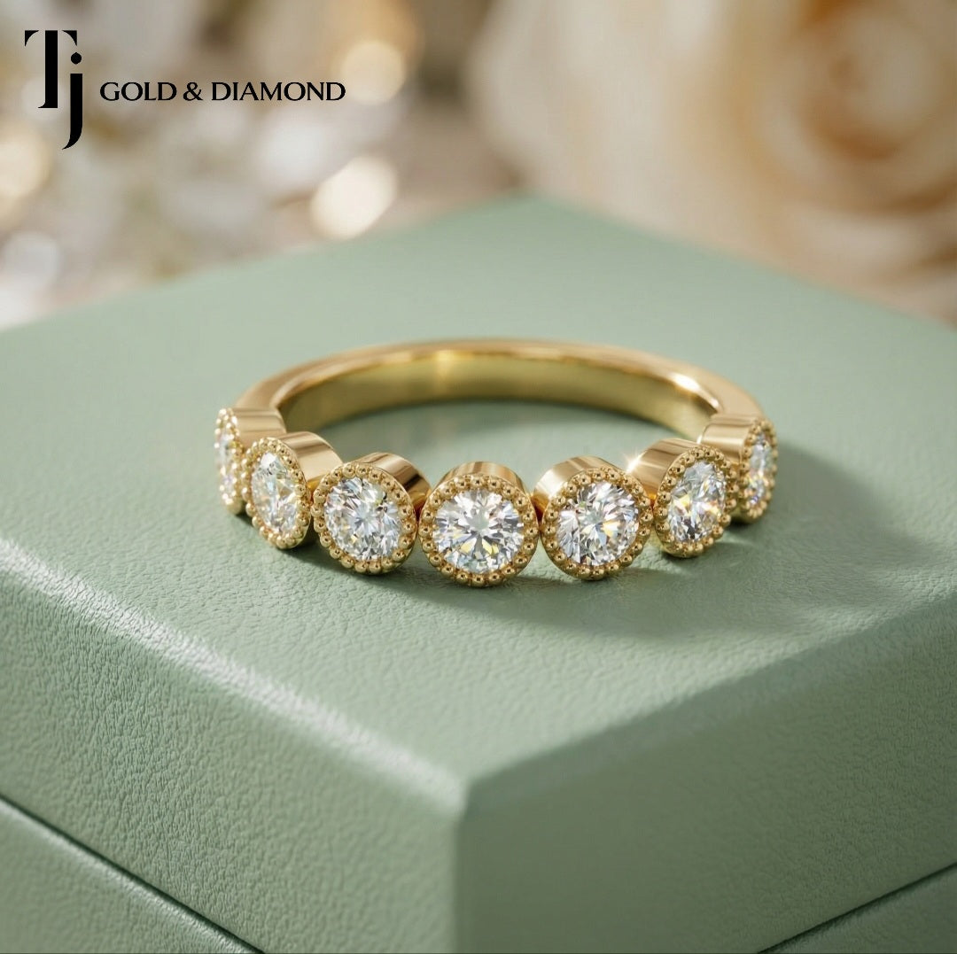 Milgrain Bezel Setting Half Eternity Diamond Wedding Band - 18K Yellow Gold