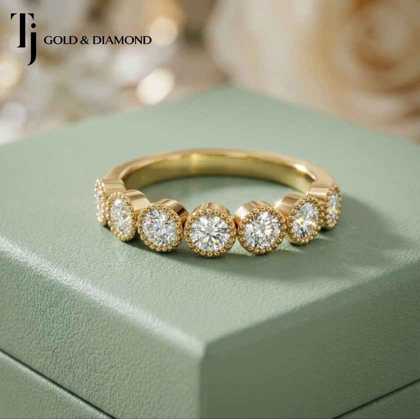 Milgrain Bezel Setting Half Eternity Diamond Wedding Band - 18K Yellow Gold