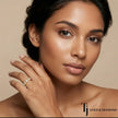 Model wearing Milgrain Bezel Half Eternity diamond wedding band in 18kt yellow gold, close-up lifestyle shot