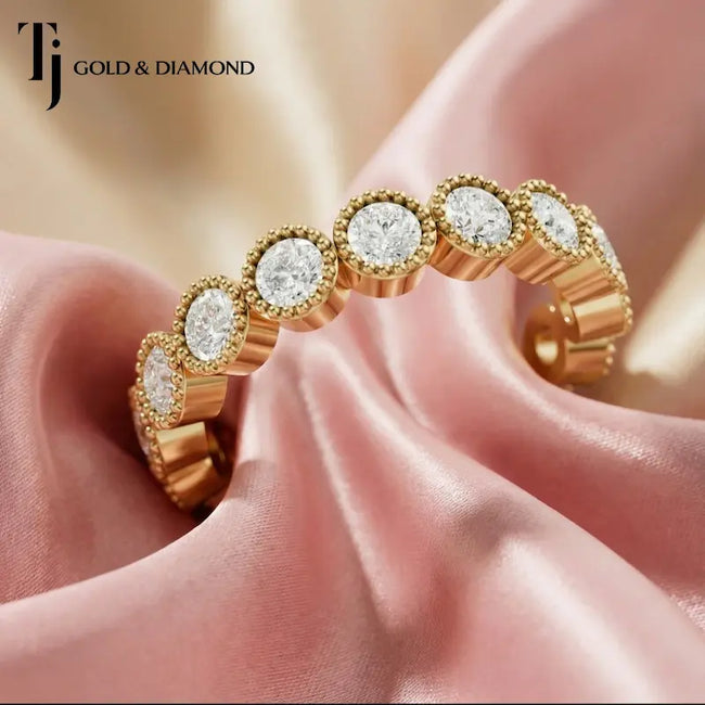 Luxury milgrain bezel setting full eternity diamond wedding band crafted in 18kt yellow gold with round brilliant lab-grown diamonds.