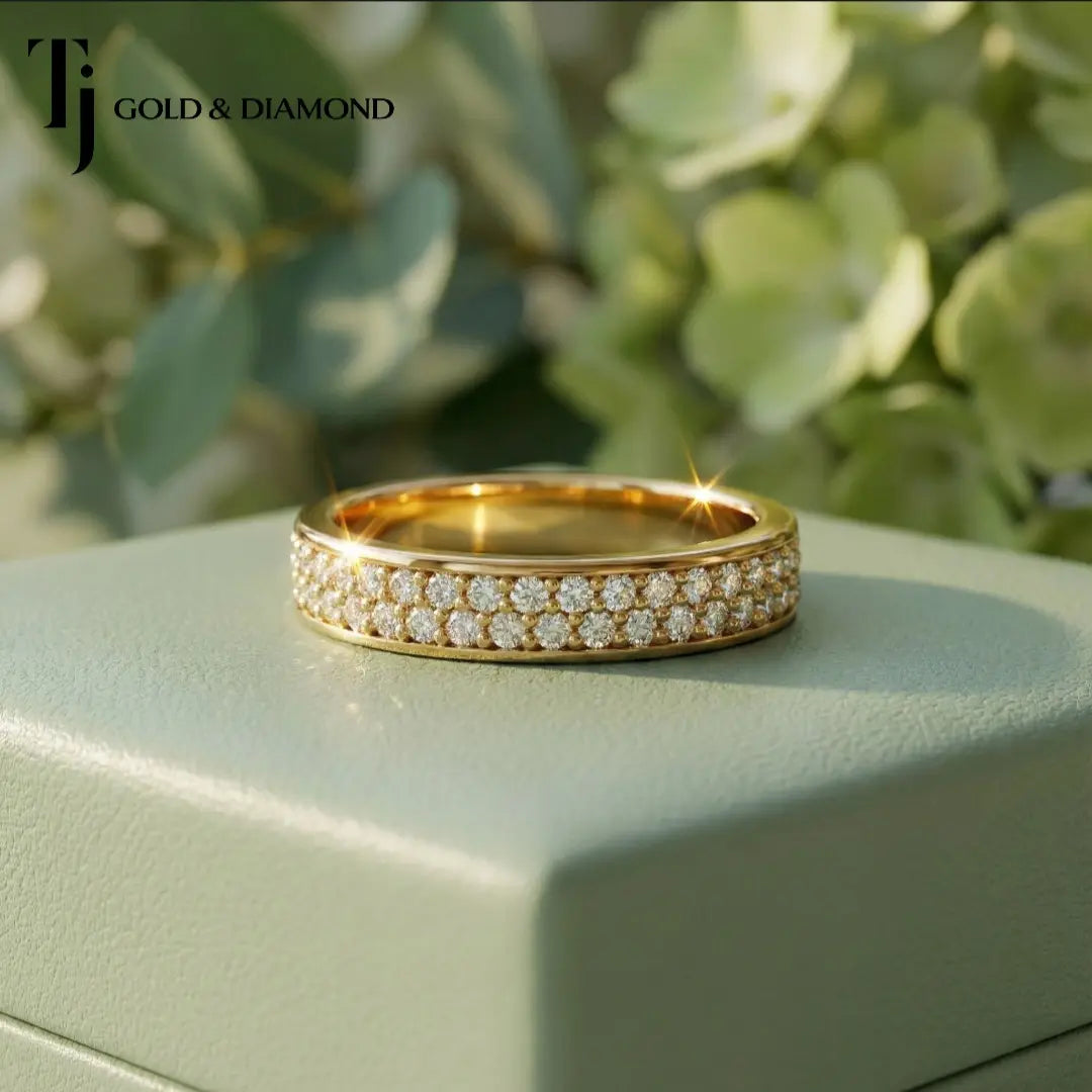 Top view of Multi-Row Pavé Half Eternity diamond wedding band in 18kt yellow gold, showing full width of double-row pavé diamonds