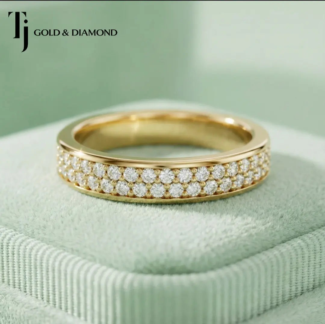 Front view of Multi-Row Pavé Half Eternity diamond wedding band in 18kt yellow gold, round brilliant diamonds set in two pavé rows