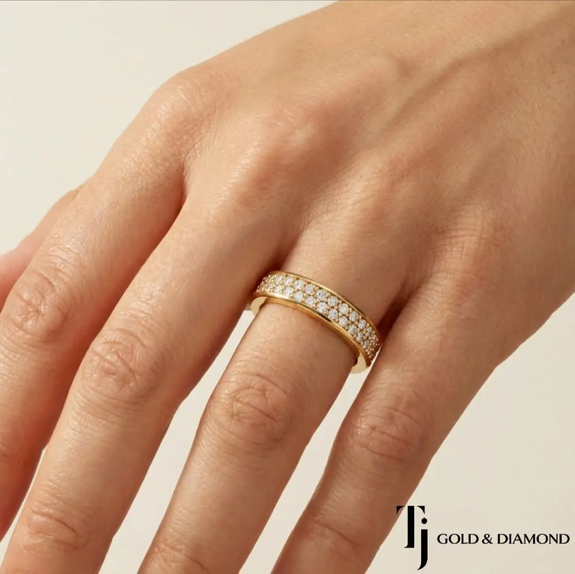Multi-Row Pavé Half Eternity diamond wedding band worn on hand, 18kt yellow gold with two rows of round brilliant lab-grown diamonds