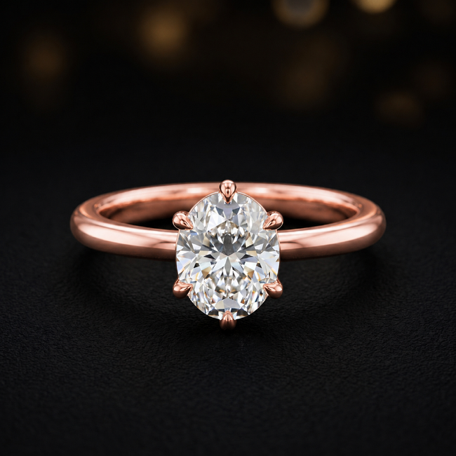 Anillo de diamantes solitario de talla ovalada de 6 garras - Oro rosa