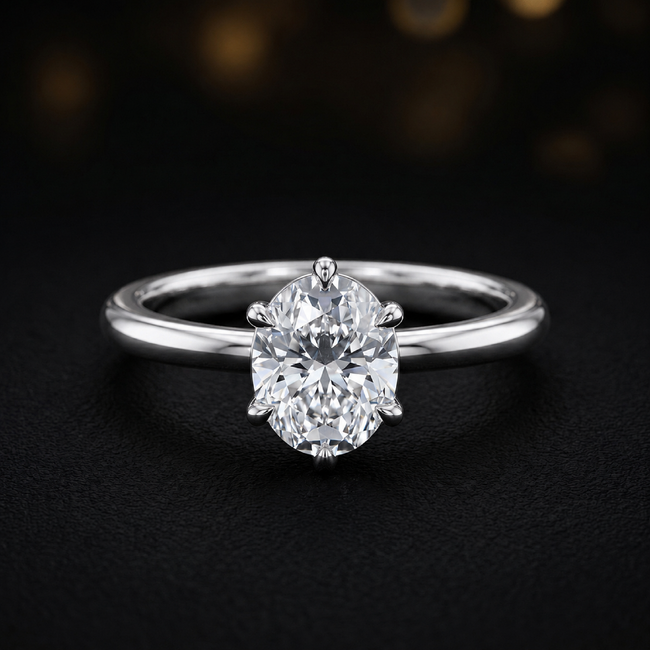 Anillo de diamantes solitario de talla ovalada de 6 garras - Oro blanco