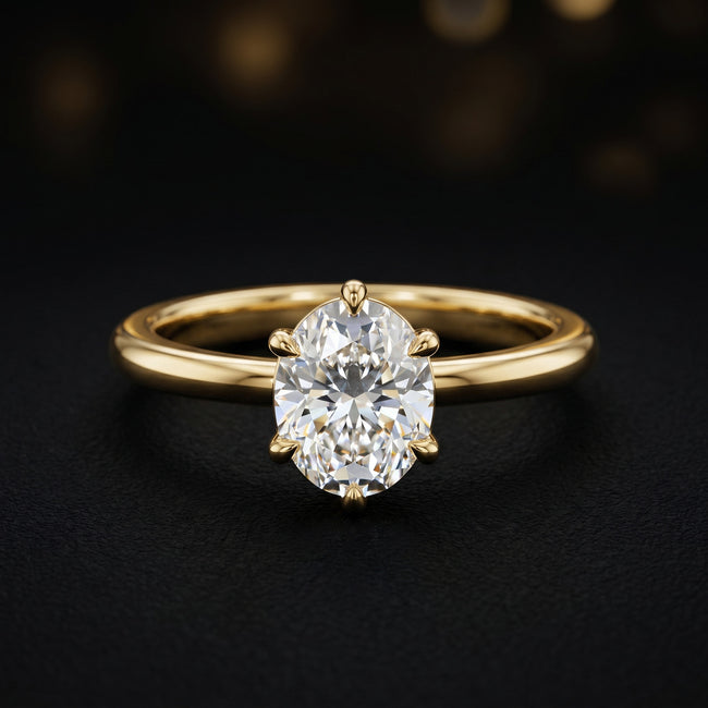 Anillo de diamantes solitario de talla ovalada de 6 garras - Oro amarillo