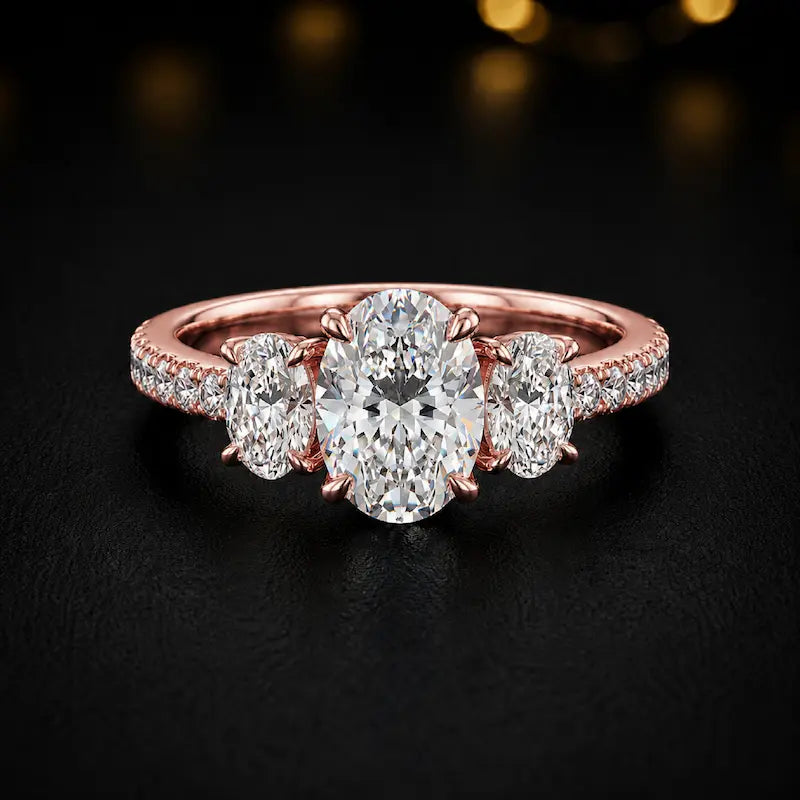 Front view of an oval cut three-stone lab-grown diamond engagement ring in 18kt rose gold with diamond shoulders