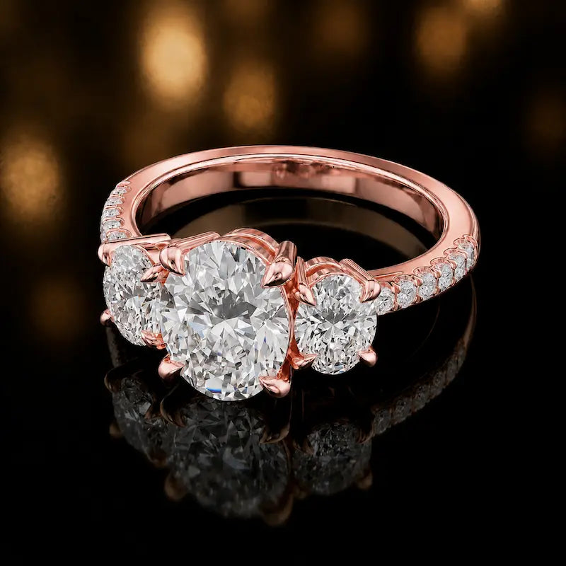 Side view of an oval cut three-stone lab-grown diamond engagement ring in 18kt rose gold with diamond shoulders