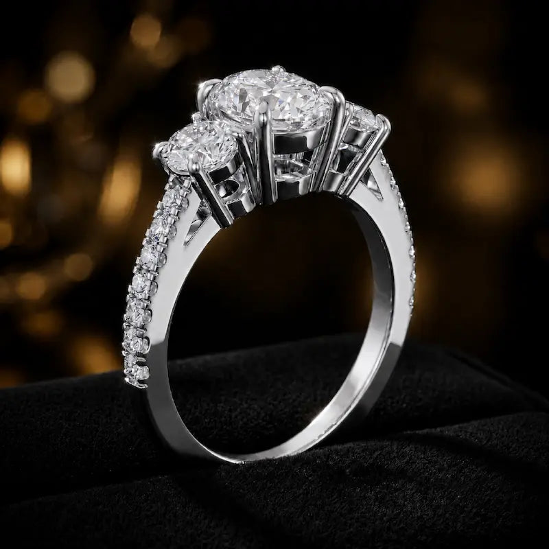 Angled view of an oval cut three-stone lab-grown diamond engagement ring in 18kt white gold with diamond shoulders