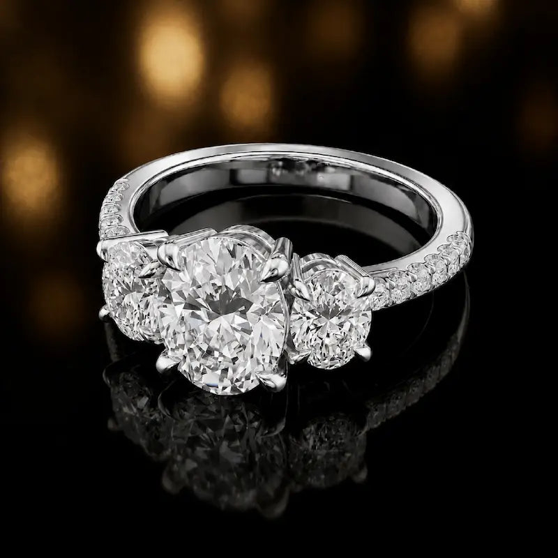 Side view of an oval cut three-stone lab-grown diamond engagement ring in 18kt white gold with diamond shoulders