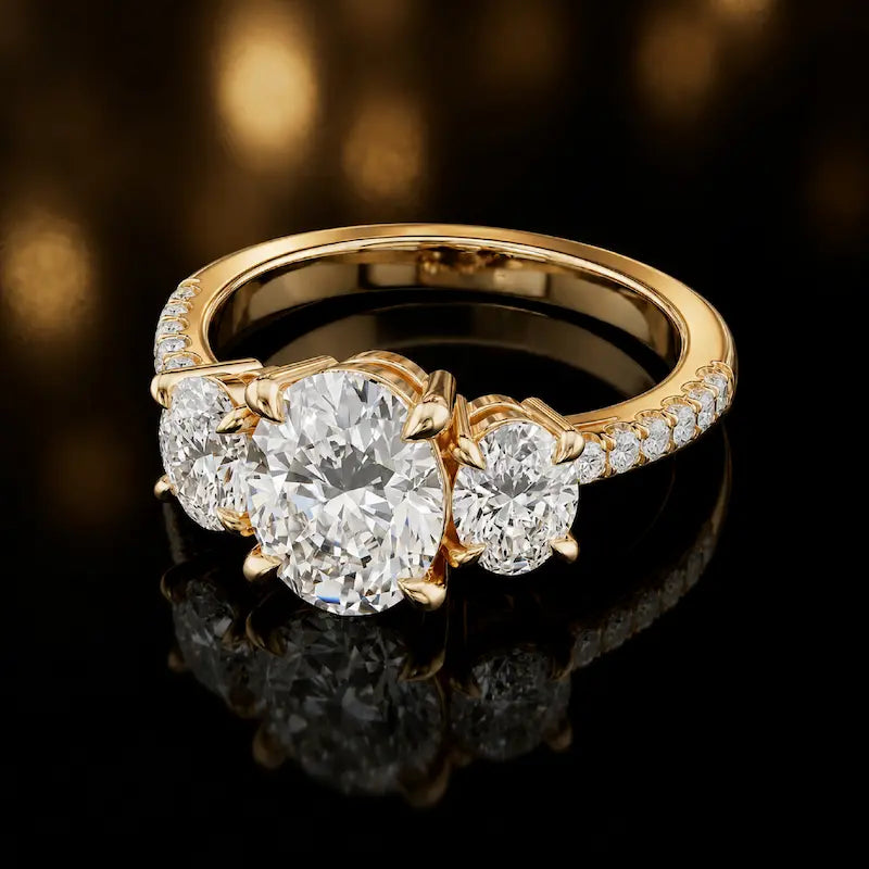  Side view of an oval cut three-stone lab-grown diamond engagement ring in 18kt yellow gold with diamond shoulders