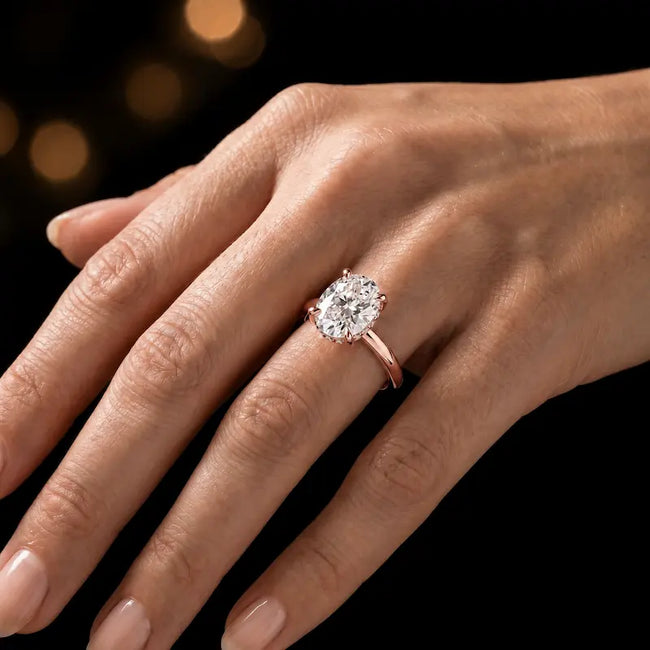 4-claw oval cut engagement ring with hidden halo in 18kt rose gold, worn on hand