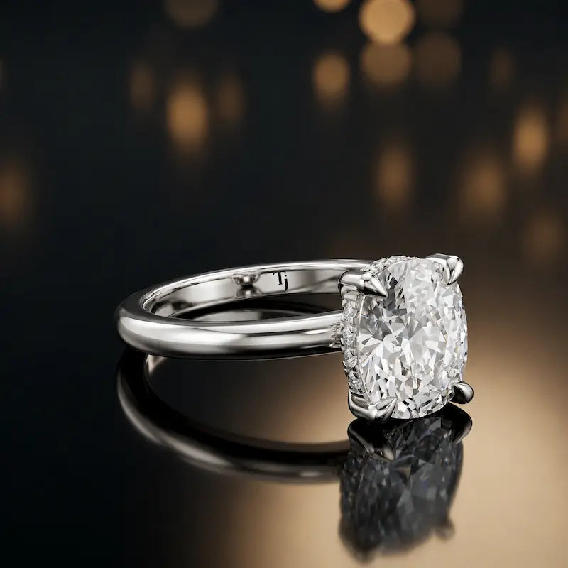 Angled view of 4-claw oval cut engagement ring with hidden halo in 18kt white gold