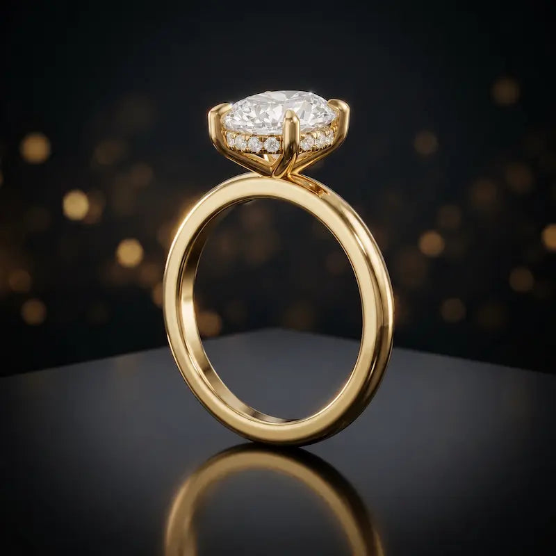 Front view of 4-claw oval cut engagement ring with hidden halo in 18kt yellow gold