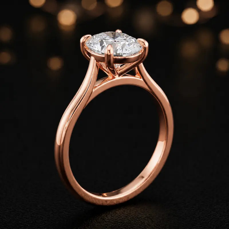 Angled side view of a 1.5 carat oval cut diamond solitaire engagement ring in an 18kt rose gold 4 claw setting by TJ Diamond