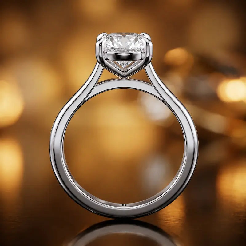Front-on view of a 1.5 carat oval cut diamond solitaire engagement ring showing the full 18kt white gold band and 4 claw cathedral setting by TJ Diamond
