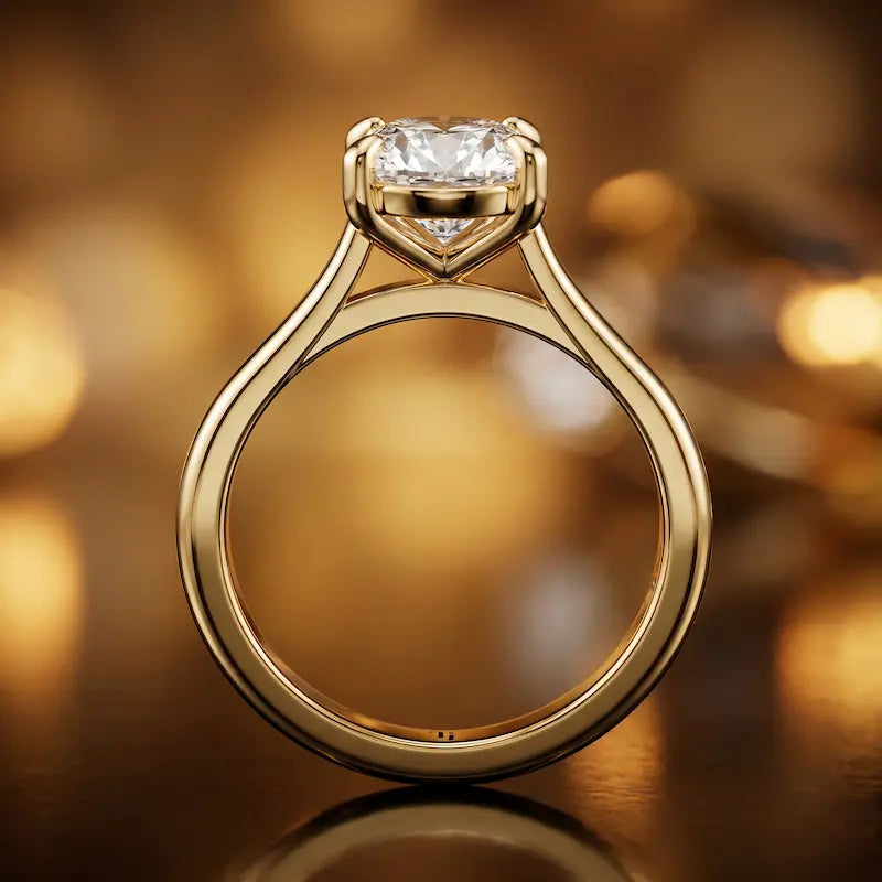 Front-on view of a 1.5 carat oval cut diamond solitaire engagement ring showing the full 18kt yellow gold band and 4 claw cathedral setting by TJ Diamond