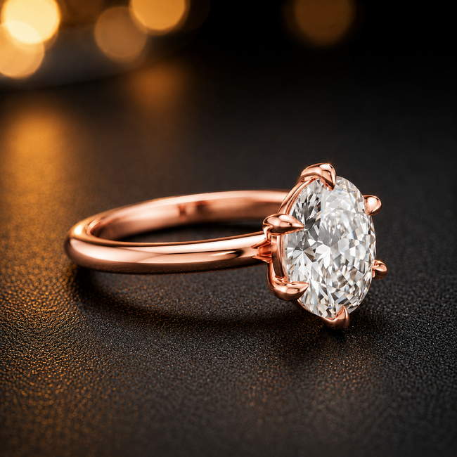 Anillo de diamantes solitario de talla ovalada de 6 garras - Oro rosa