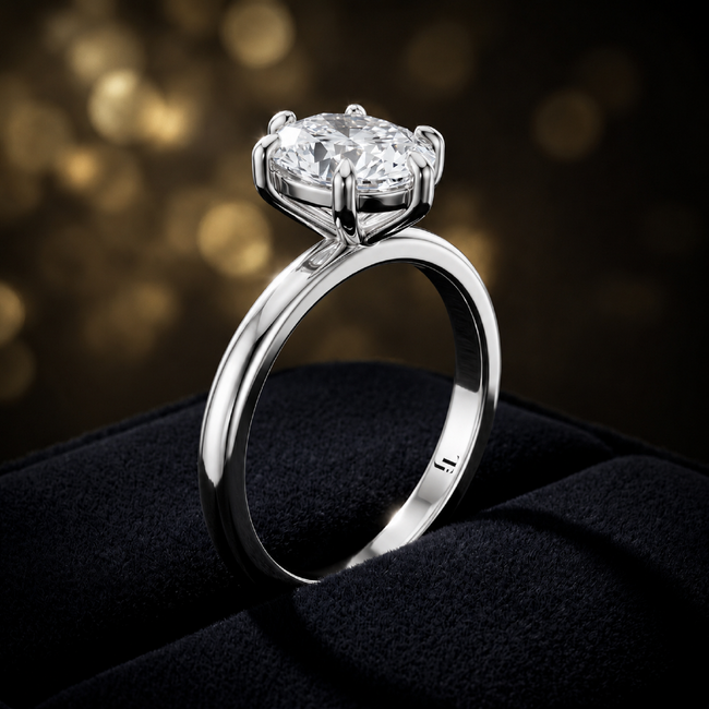 Anillo de diamantes solitario de talla ovalada de 6 garras - Oro blanco