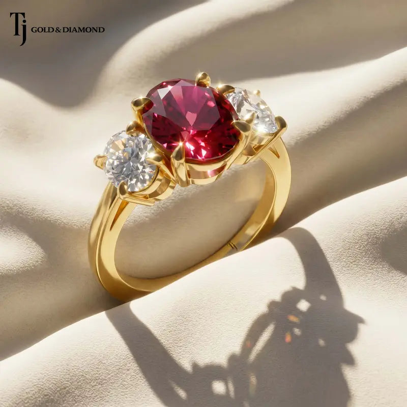 Close-up of an oval cut lab-created ruby trilogy engagement ring in 18kt yellow gold with oval lab-grown diamond side stones.