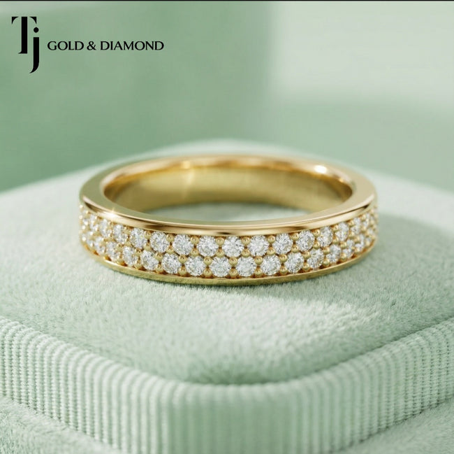 Multi-Row Pavé Setting Half Eternity Diamond Wedding Band - 18K Yellow Gold