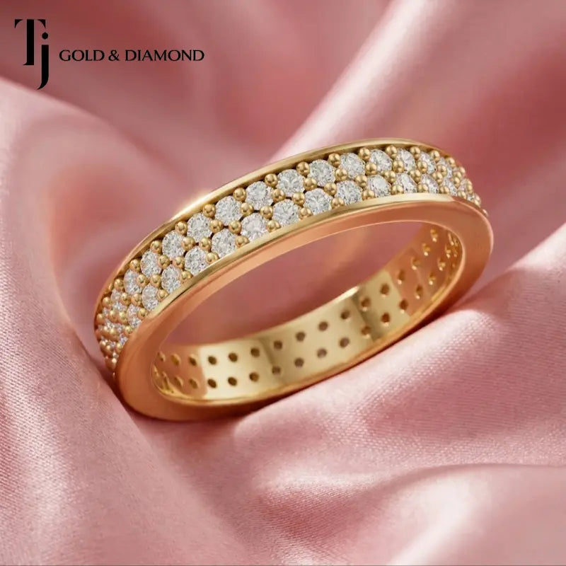 Luxury pavé setting full eternity diamond wedding band crafted in 18kt yellow gold with round brilliant lab-grown diamonds.