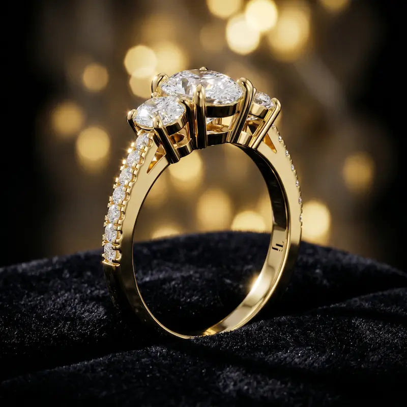 Angled view of a pear cut three-stone lab-grown diamond engagement ring in 18kt yellow gold with diamond shoulders