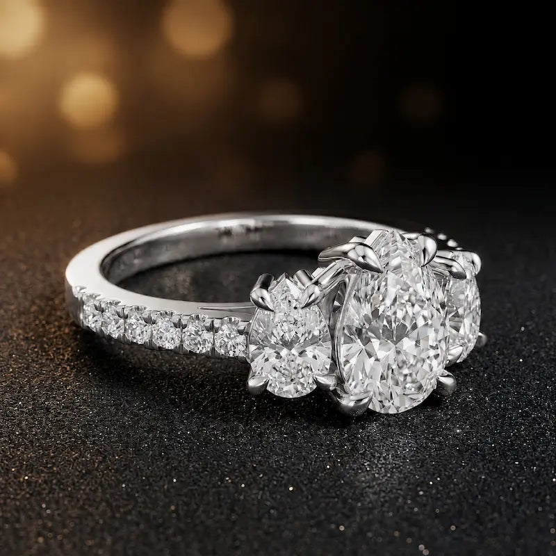 Side view of a pear cut three-stone lab-grown diamond engagement ring in 18kt white gold with diamond shoulders