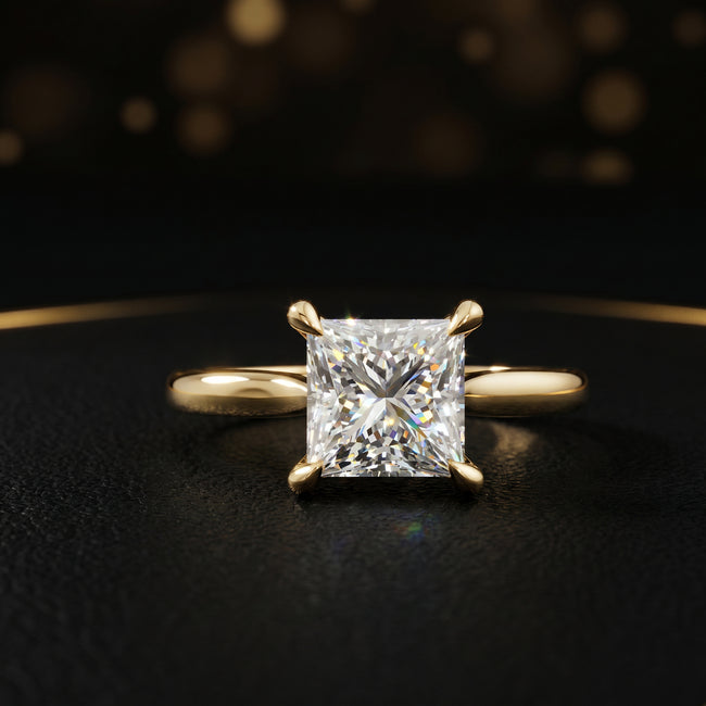 4-Claw Princess Cut Solitaire Diamond Ring - Yellow Gold