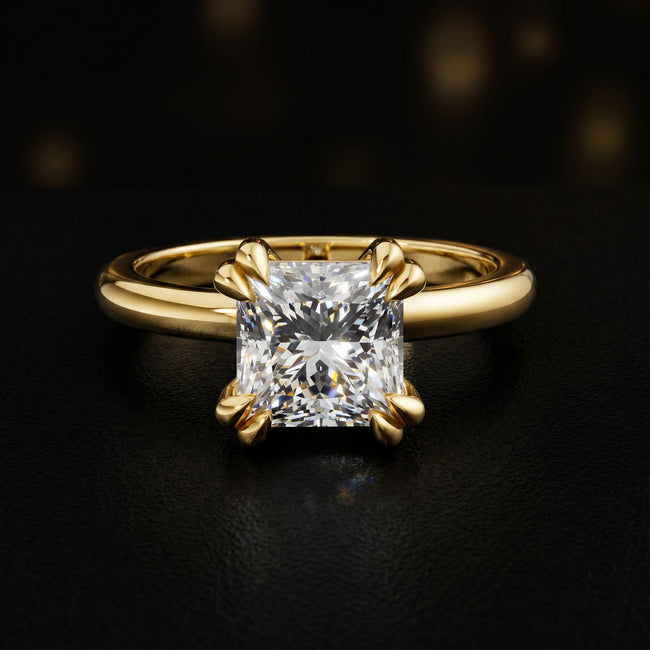 4-Double Claw Princess Cut Solitaire Diamond Ring - Yellow Gold