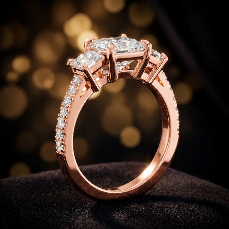 Angled view of a princess cut three-stone lab-grown diamond engagement ring in 18kt rose gold with diamond shoulders