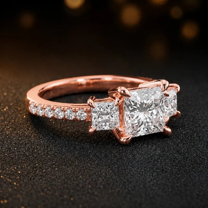 Side view of a princess cut three-stone lab-grown diamond engagement ring in 18kt rose gold with diamond shoulders