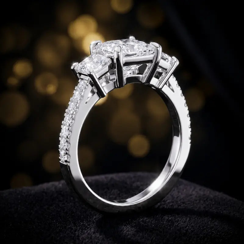 Angled view of a princess cut three-stone lab-grown diamond engagement ring in 18kt white gold with diamond shoulders