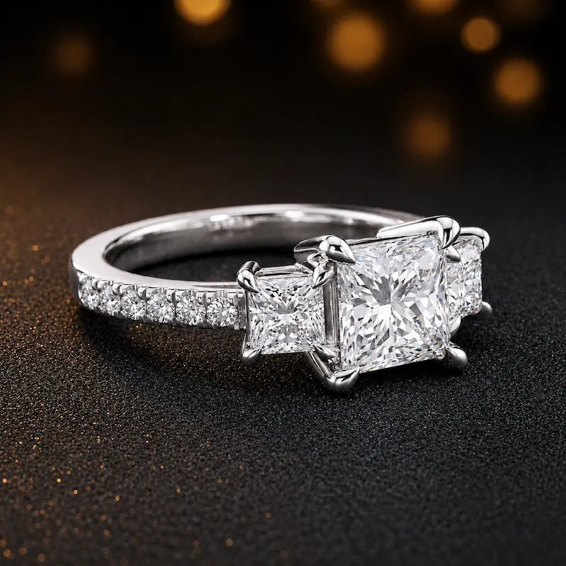 Side view of a princess cut three-stone lab-grown diamond engagement ring in 18kt white gold with diamond shoulders