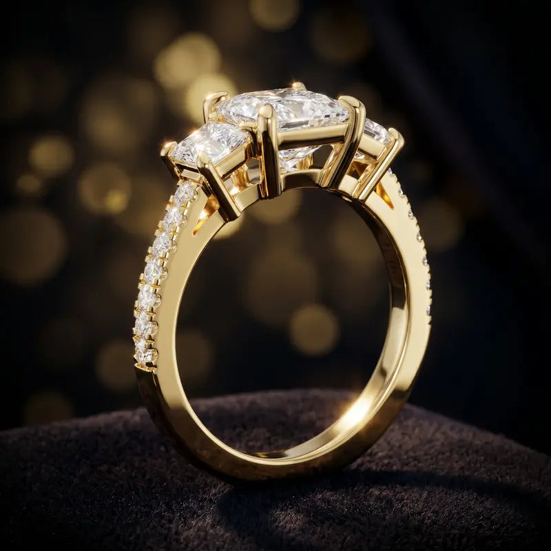 Angled view of a princess cut three-stone lab-grown diamond engagement ring in 18kt yellow gold with diamond shoulders