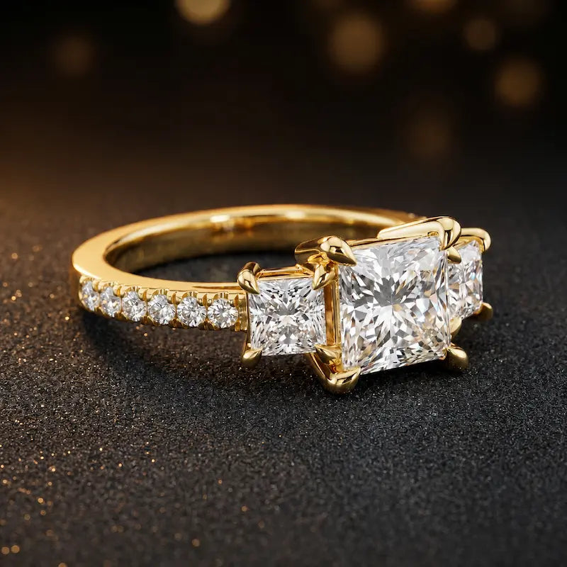 Side view of a princess cut three-stone lab-grown diamond engagement ring in 18kt yellow gold with diamond shoulders