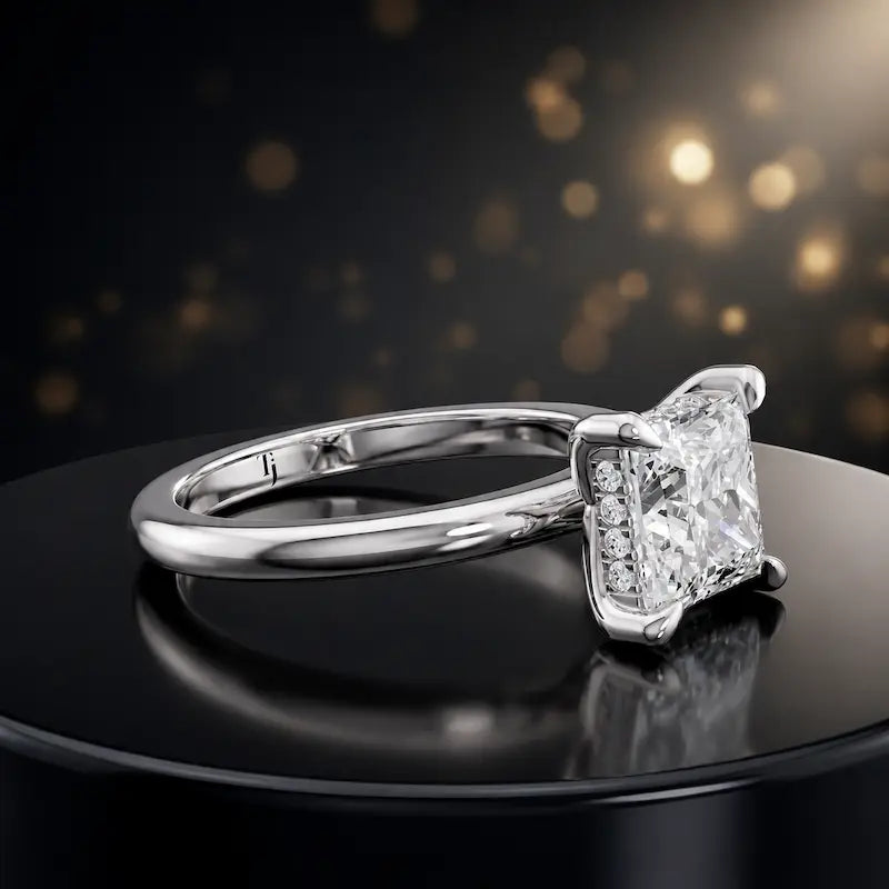 Angled view of 4-claw princess cut engagement ring with hidden halo in 18kt white gold