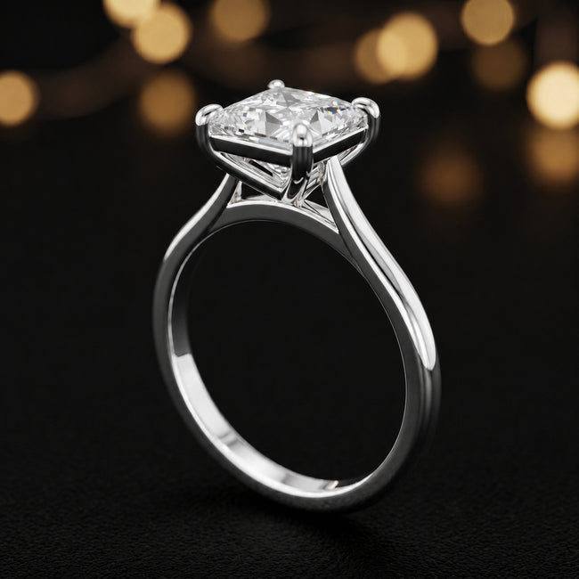 4-Claw Princess Cut Solitaire Diamond Ring - White Gold