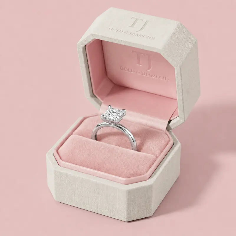 1.5 carat princess cut lab-grown diamond solitaire engagement ring in 18kt white gold in a TJ Diamond box