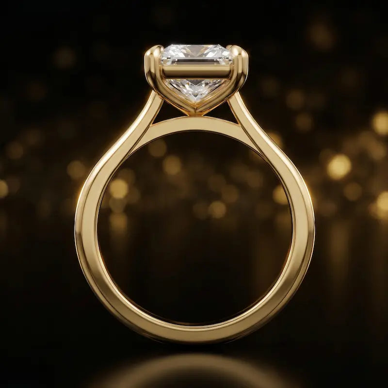 Front-on view of a 1.5 carat princess cut diamond solitaire engagement ring showing the full 18kt yellow gold band and 4 claw cathedral setting by TJ Diamond