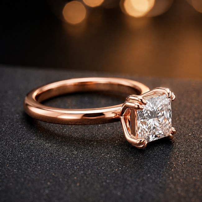 4-Double Claw Princess Cut Solitaire Diamond Ring - Rose Gold