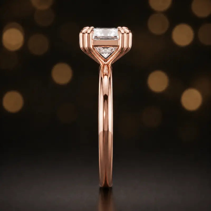 Side profile of a 1.5 carat princess cut diamond solitaire engagement ring showing the 4 double claw setting and 18kt rose gold band by TJ Diamond