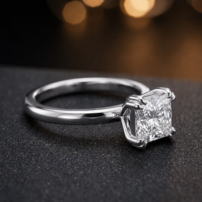 Anillo de diamantes solitario de talla princesa con 4 garras dobles - Oro blanco